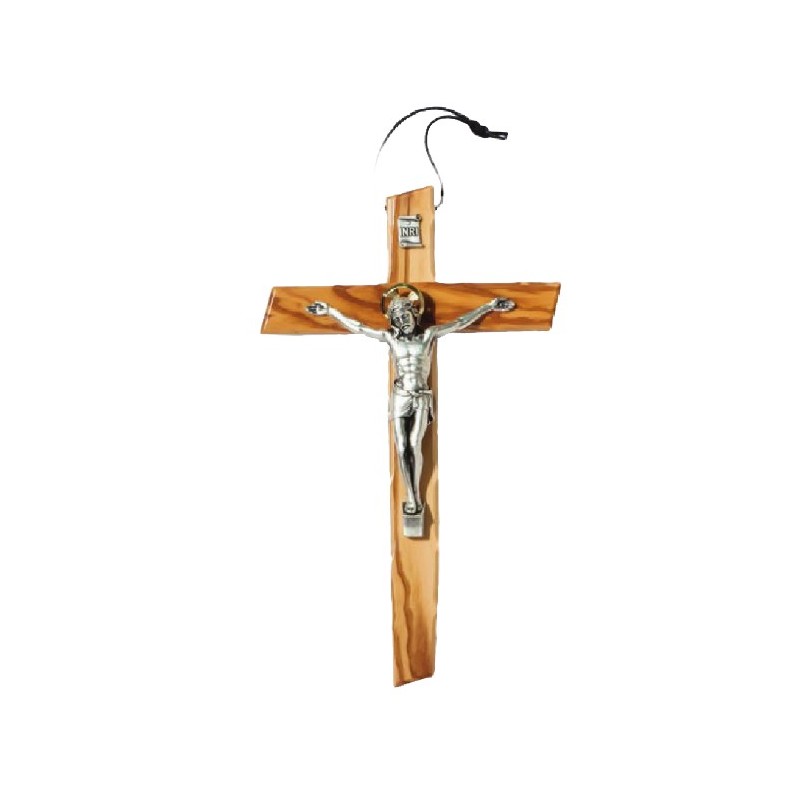 Crucifijo con cordón, cruz de madera de olivo y cristo metal.Dearmonia.com