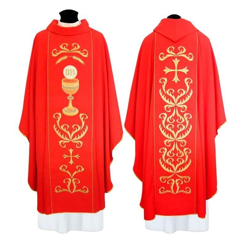 Casulla Bordada Caliz Grande Con Forma Jhs Con Ornacina Roja kor/055 cuello redondo